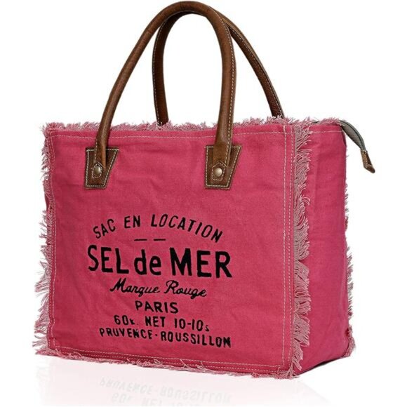 Upcycled Canvas Hand Bag Upcycled Canvas & Cowhide Tote Bag, Upcycled Canvas - Picture 5 of 7